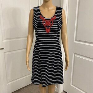 Women's Sharagano Noir Sleeveless Midi Sheath Dress. Blue/White Stripes. Size 8.